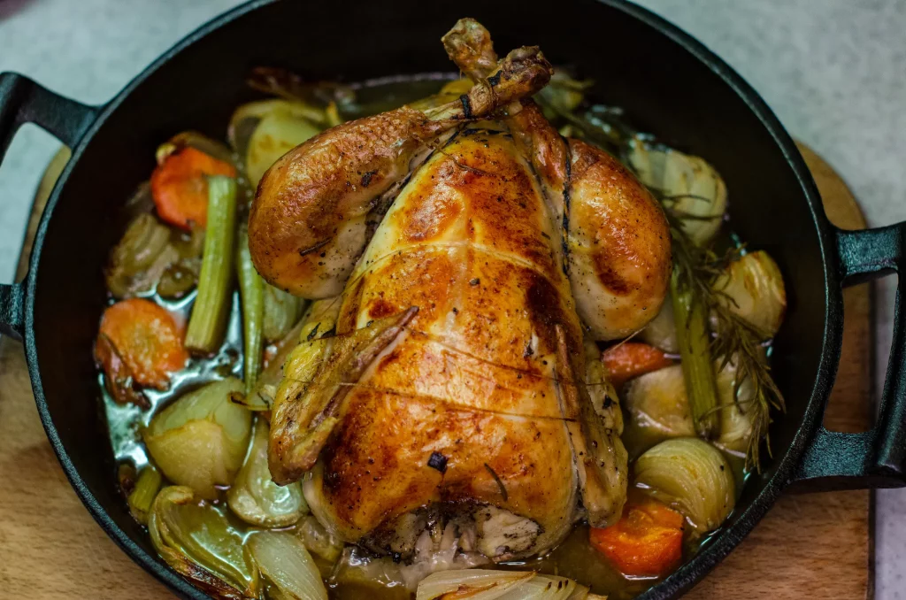 Knuspriges Huhn mit Fenchel, Zitrone und Sekt im Backofen Rezept
